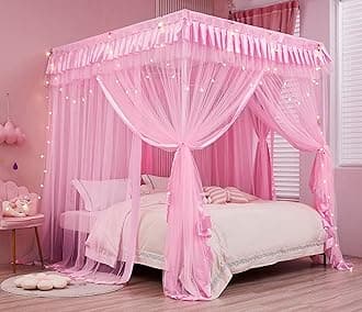 Mengersi Bed Canopy for Girls,Canopy Bed Curtains Cozy Drapes Bed Netting Canopy for Girls Room Decor(Twin Extra Long,Pink)