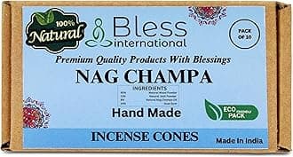 Bless-International Nag Champa 100%-Natural-Incense-Cones Handmade-Hand-Dipped Organic-Chemicals-Free for-Purification-Relaxation-Positivity-Yoga-Meditation The-Best-scents (10 Count)
