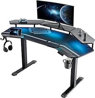 Electric Standing Desk 160x74 cm Wing Shaped Gaming Desk Height Adjustable Large Home Office Studio Computer Desk with LED Convertible Monitor Shelves