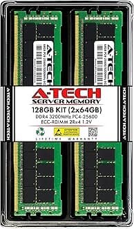 A-Tech 128GB Kit (2x64GB) DDR4 3200MHz PC4-25600 ECC RDIMM 2Rx4 Dual Rank 1.2V ECC Registered DIMM 288-Pin Server & Workstation RAM Memory Upgrade Modules (A-Tech Enterprise Series)