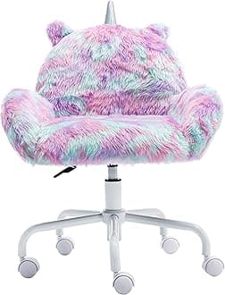 Cute Fluffy Kids Desk Chair Swivel Furry Teens Computer Chair with Arm Wheels Faux Velvet Adjustable Child Chairs for Student Girls Bedroom Study Table, Purple Unicorn