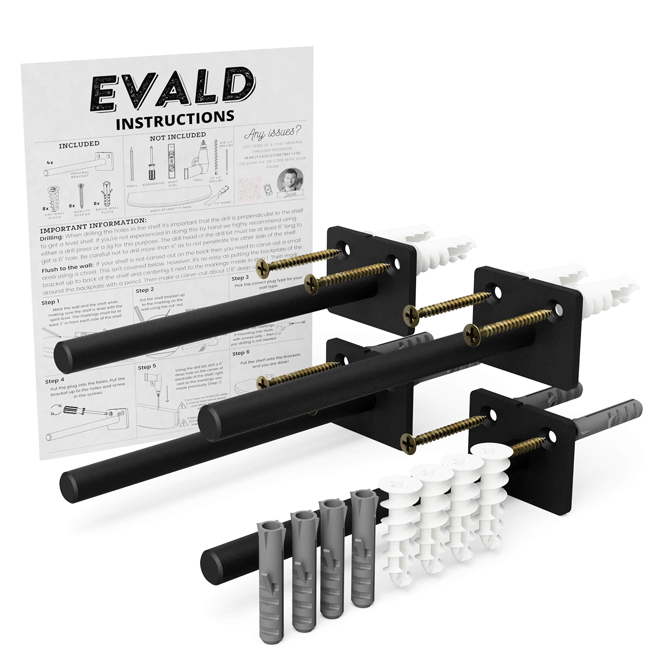 EVALD Solid Steel Floating 6" Rustproof Blind Shelf Bracket Supports with ½" Diameter - 4X Brackets, Including 8X Screws, 16x Anchors - Easy Drywall & Brickwall Mounting, Ideal for Raw Wood Shelves
