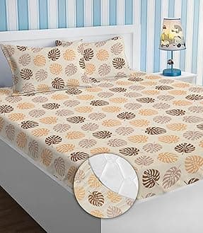 Premium Cotton All Round Elastic Fitted Bedsheets for Double Bed with 2 King Size Pillow Covers 220tc Supersoft |Wrinkel Free Bed Cover Size - 72 x 78 +10 inches | Leaf, Beige & Brown