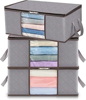 Lifewit 3 Pack Clothes Storage Bag, Foldable Storage Bin Closet Organizer with Reinforced Handle, Sturdy Fabric Blanket Storage with Clear Window, Storage Containers for Clothing, Bedding, Light Gray