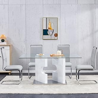 Glass Dining Table Set of 4, 63" Dinner Room Glass Table Set for 4, Modern Kitchen Dinner Table Set with 4 Upholstered Faux Leather Dining Chairs for Living Dining Office Room