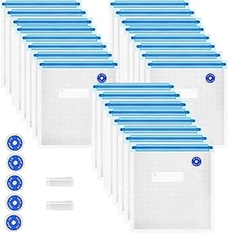 Reusable BPA Free Vacuum Sealer Bags (8.5 * 8.5in), 31 Pcs (24 Pcs Vacuum Zipper Bag & 2 Seal Clips & 5 Air Valves), Plastic, Clear, Double Zipper Seal, Microwaveable, Food Storage, Cooking