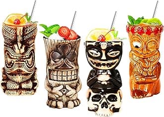 Tiki mugs, tiki glasses set, cocktail mugs, 4-piece cocktail glasses set, tiki bar accessories, Hawaii party for premium tropical cups drinks for exotic party
