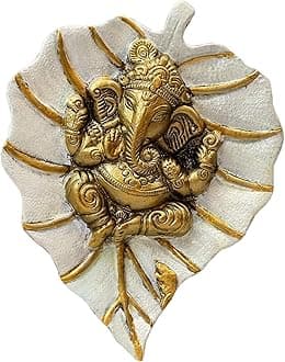 Craft Trade Lord Ganesh White Ganpati On Paan Patta Leaf Decorative Religious Ganesha Metal Wall Hanging for Home & Office Entrance Room Decor Feng Shui Vastu Special Housewarming Wedding Gift