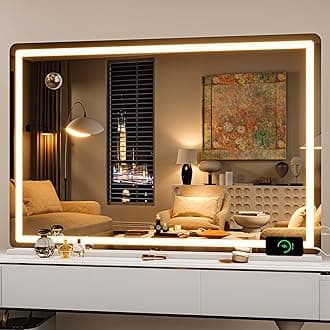 Hasipu Vanity Mirror with Lights, 50.2" x 34" LED Makeup Mirror, Lighted Makeup Mirror with Dimmable 3 Modes, Touch Screen Control Vanity Mirror Round White