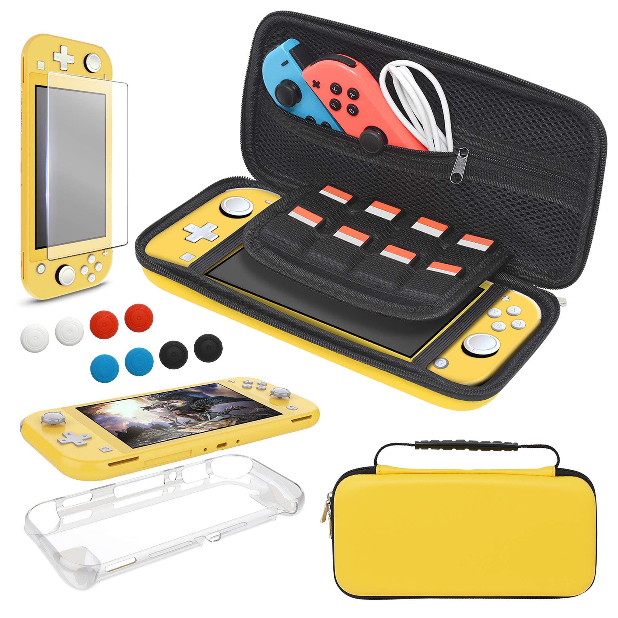 Accessories Bundle Compatible with Nintendo Switch Lite Carry Case & TPU Protective Case Cover & Thumb Grip Covers & Screen Protector - Yellow
