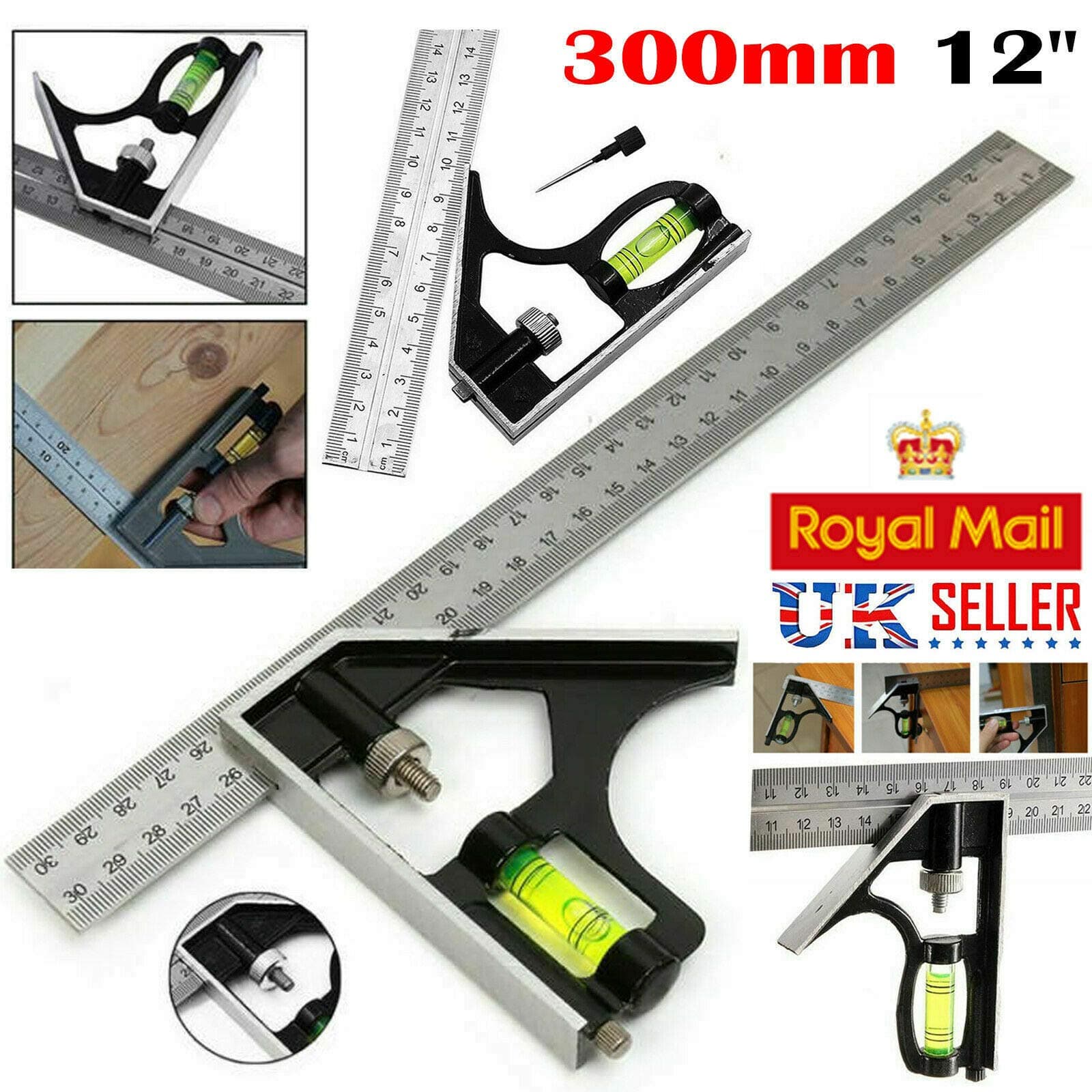 300mm (12") Adjustable Engineers Combination Try Square Right Angle Ruler Set UK