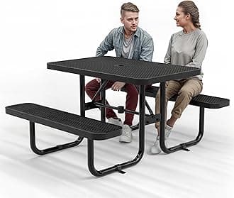 Commercial Heavy-Duty Metal Picnic Table - ADA Compliant, Adjustable Seats, Umbrella Hole, Expanded Metal (Black, 4' Rectangular)