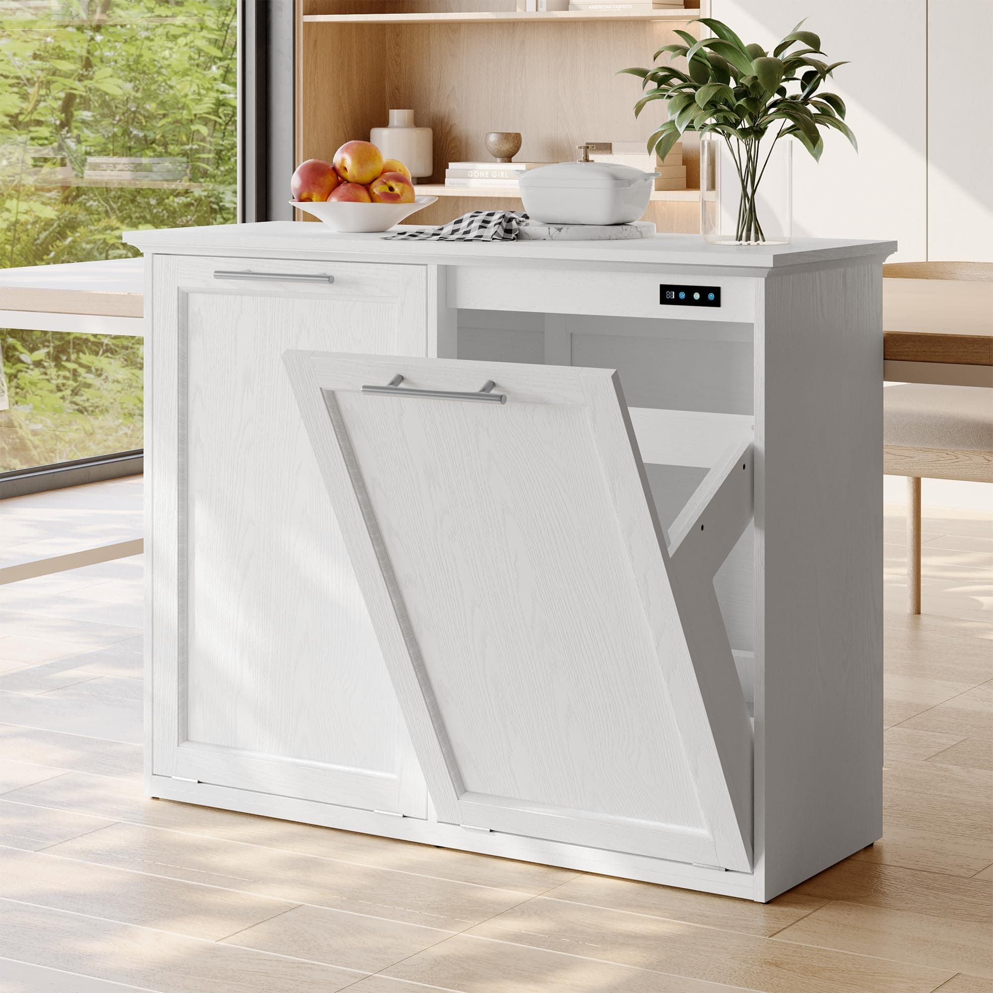 Tilt Out Trash Cabinet with Quick Installation and Deodorising Function, Wooden Trash Can Cabinet for Dining Room and Kitchen, White