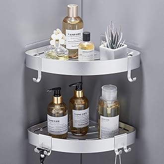 GERUIKE Shower Corner Shelves No Drilling Adhesive Bathroom Shelf, 2-Pack Silver Aluminium Shower Caddy Basket with Hooks - Strong Hold, Rustproof & Wall Mounted