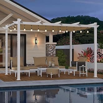 PURPLE LEAF 10' x 13' Outdoor Aluminum Pergola White Heavy-Duty Retractable Pergolas Patio Metal Pergola with Double Sun Shade Canopy and String Lights for Backyard Gardens Deck, Khaki