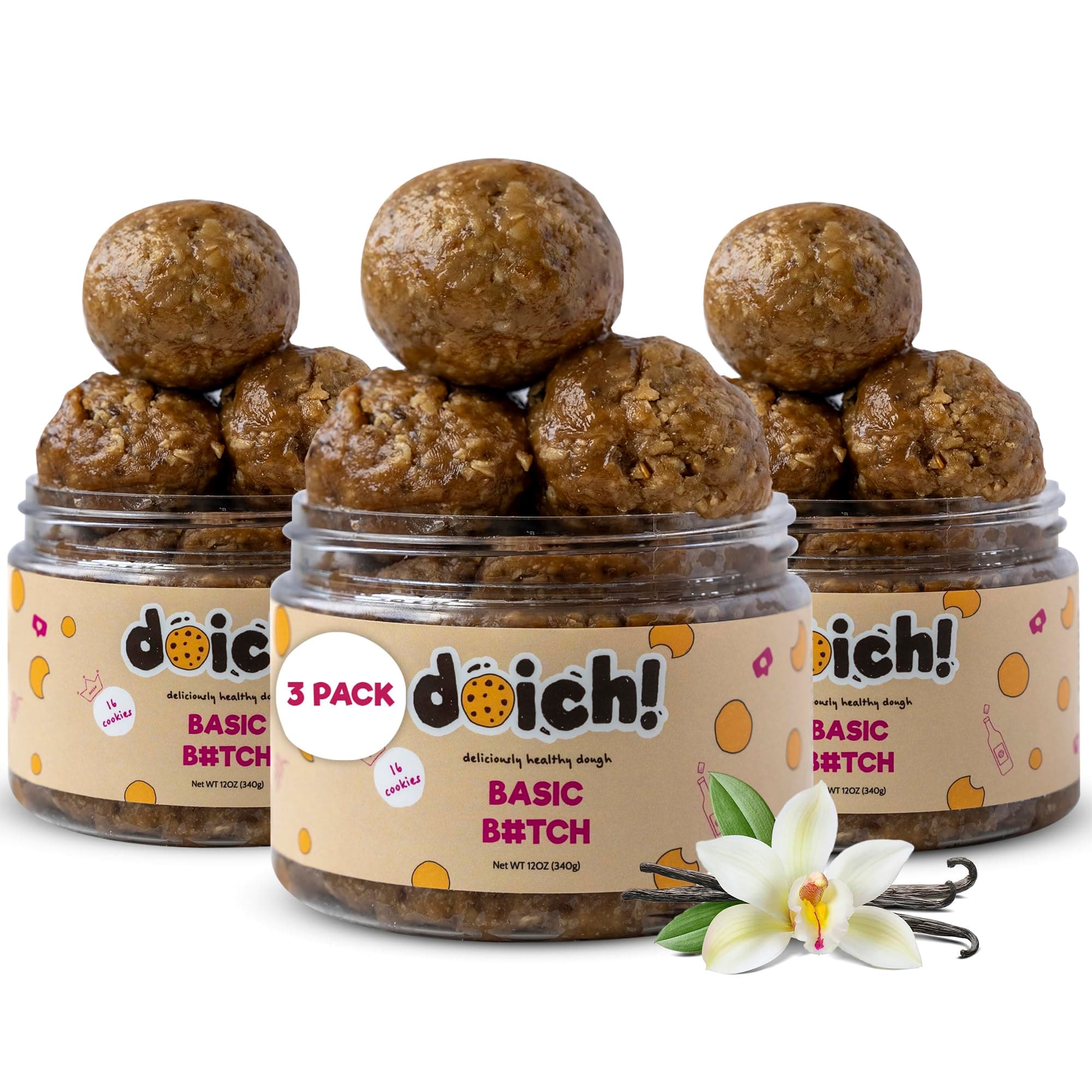 Doich Basic Batch Cookie Dough (3-Pack) Healthy Cookies - High Protein, Low Sugar Snack - Ready to Eat Baked Goods Dessert - Gluten Free, Vegan, Kosher