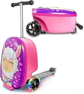 3-D Hardshell Ride On Suitcase Scooter for Kids - Cute Lightweight Kids Luggage with Wheels - Fun LED Lights, pink, Alpine Llama