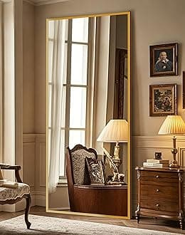 Delma Wall Mirror Full Length Mirror,Standing Mirror Full Body,Large Floor Mirror for Wall Door Bedroom Bathroom Living Room with Aluminium Frame(with Stand,Rect 75x35-Gold)