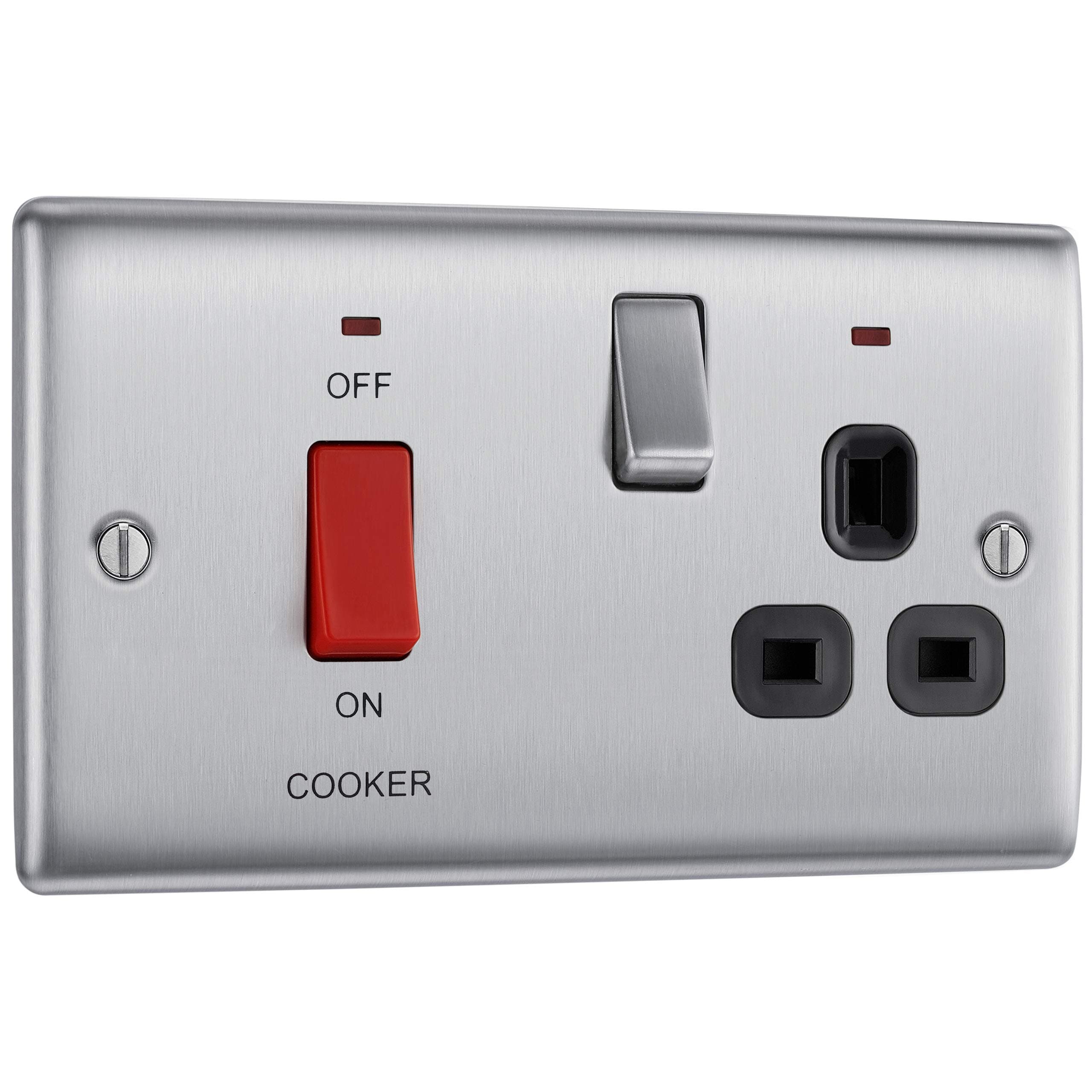 BG Electrical Cooker Switch with Socket and LED, Cooker Control Unit, Control Socket, Double Pole, Raised Profile, Round Edges, Nexus Metal, Brushed Steel, Black Inserts, 45A, NBS70B