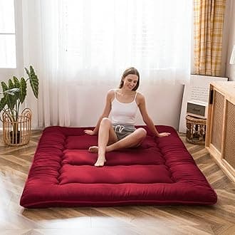 MAXYOYO Japanese Floor Futon Mattress - Thicken Sleeping Pad, Foldable Roll Up, Guest Pad Floor Lounger Bed, Burgundy, Full