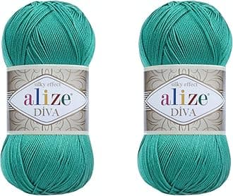 Alize Diva Hand Knitting Yarn - 100% Microfiber Acrylic With Silk Effect - Crochet Art Lace Craft - 2 Skeins, 200gr, 767 Yds (610-Jade)