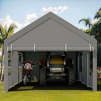 JY QAQA Carport, 12x20 FT Heavy Duty Carport Portable Garage Reinforced Steel Poles with Removable Sidewalls & Doors,Roll-up Windows Car Canopy with Sandbags and All-Season Tarp for Car Truck