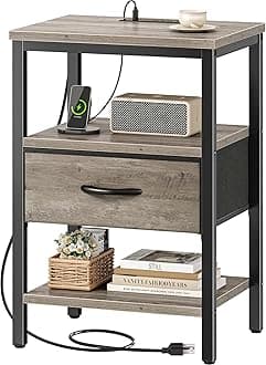 SUPERJARE Nightstand with Charging Station, Bed Side Table with Adjustable Fabric Drawer, Night Stand for Bedroom, 3-Tier Storage End Table, for Living Room, Oak