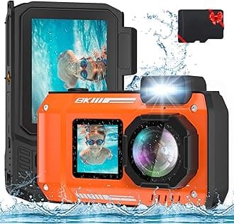 8K 70MP Underwater Camera with 64G Card, 33FT Waterproof, Orange, Snorkeling, Diving, Dual-Screen, Action Camera