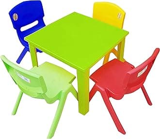 A406 Strong Kids Children Table and Chairs Set for Study, Activity Garden Indoor (Green Table + 4 Chairs Mix)