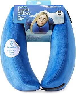 Travelrest Nest Neck Pillow for Travel - Advanced Support for Long Flights, Memory Foam Patented Design for Optimal Relaxation, Ergonomic, and Washable, On-the-Go and Attaches to Luggage - Blue