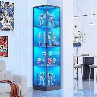 BROTTAR 4 Tier Corner Display Cabinets, 62.9" Tall Bookcase Bookshelf with Lights and Magnetic Lock, Corner Storage Cabinet with Human Sensor for Living Room, Black