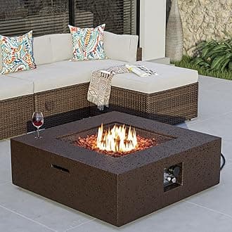 COSIEST Outdoor Propane Fire Pit Coffee Table w Square Faux Stone 35-inch Base, 50,000 BTU Stainless Steel Burner, Free Lava Rocks and Rain Cover, Brown