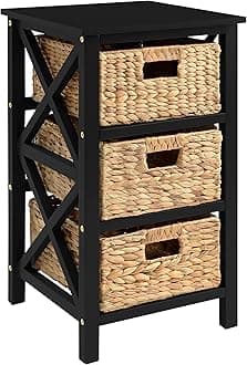 3 Tier X-Side End Table with Wicker Baskets for Bedside, Living Room, Black