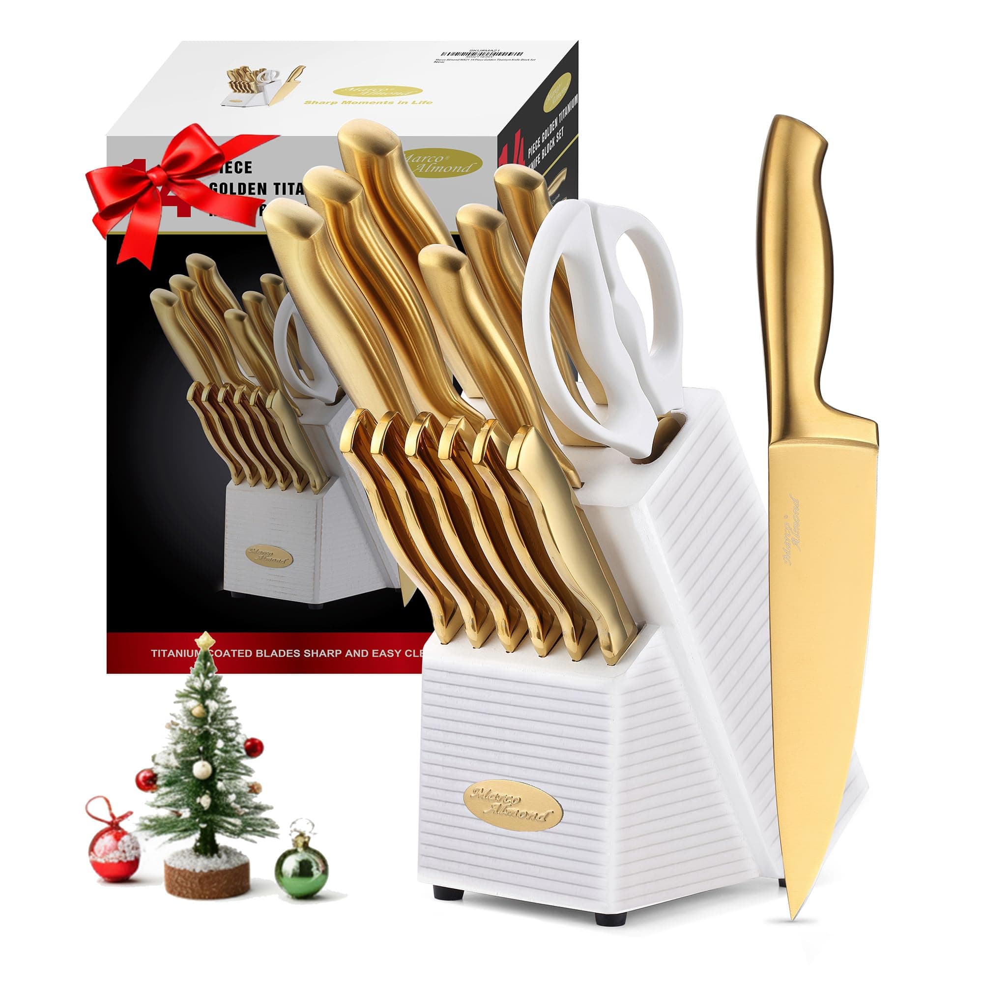 Marco Almond® Gold Knife Set, Knife Block Set MA21,Titanium Coated 14 Pieces Stainless Steel Chef Gold Kitchen Knife Sets with White Block