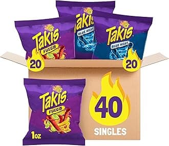 Takis 40 pc / 1 oz Variety Pack - Fuego & Blue Heat Flavored Rolled Tortilla Chips - (20) Fuego, (20) Blue Heat - Perfect for Tailgates, Parties, or the Office