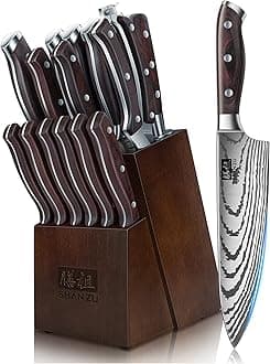SHAN ZU Knife Set, Kitchen Knife Set 16-Piece German Stainless Steel Kitchen Knife Set with Block, Ultra-Sharp Professional Chef Knife Set with Pencil Sharpener…