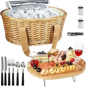 Hap Tim Wicker Picnic Basket Set for 2 with Mini Folding Wine Picnic Table & Large Insulated Cooler Bag & Cutlery Service Kits for 2 Person, Couples Gifts, Wedding Gifts (Y2209-2-GR)