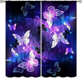 Butterfly Curtain for Girls Bedroom Decor,Colorful Flowers and Green Grass with A Butterfly Group Flying Theme Window Drapes for Kids Living Room Kitchen Decor Thermal Insulated.42x45in