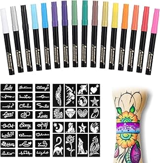 Temporary Tattoo Markers for Skin, 16-Count Body Markers+77 Large Tattoo Stencils of Assorted Colors for kids and Adults, Flexible Brush Tip, Bright colors, Skin-Safe*, Cosmetic-Grade.
