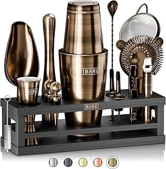 Bare Barrel® Mixology Bartender Kit Bar Set | 16-Piece Cocktail Shaker Martini Barware Mixing Tools For Home Bartending Incl. 35 Recipe Cards Gift (28Oz Boston Shaker, Brass/Black)