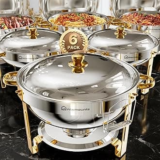 WARMOUNTS Gold & Silver Chafing Dishes for Buffet (5QT, 6 Pack) - Food-Grade Stainless Steel Chafers and Buffet Warmers Sets with Lid Holder, Rolled Edge Design, for Party, Banquet