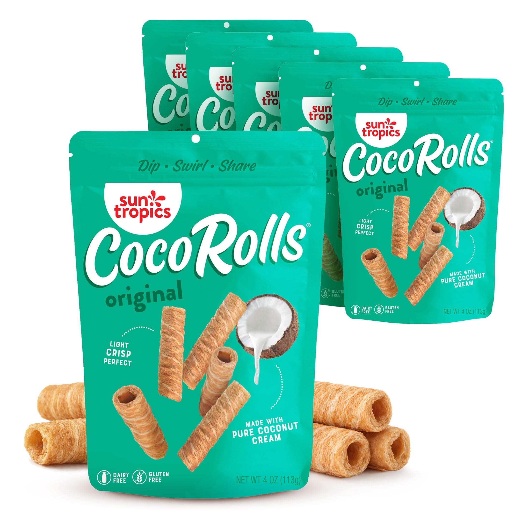 Sun Tropics CocoRolls Original Flavor- 6 count (4 oz each) | Crisp Rolled Wafer Cookies, Coconut Rolls Made With Pure Coconut Cream | Gluten Free & Dairy Free Coconut Wafer Snack