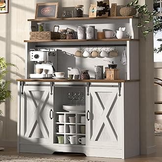 Farmhouse Coffee Bar Cabinet with 3 Tier Storage Hutch, 47'' Coffee Bar Station with Sliding Barn Door, Hutch Storage Cabinet with 9 Wine Racks & 9 Hooks for Kitchen Dining Living Room