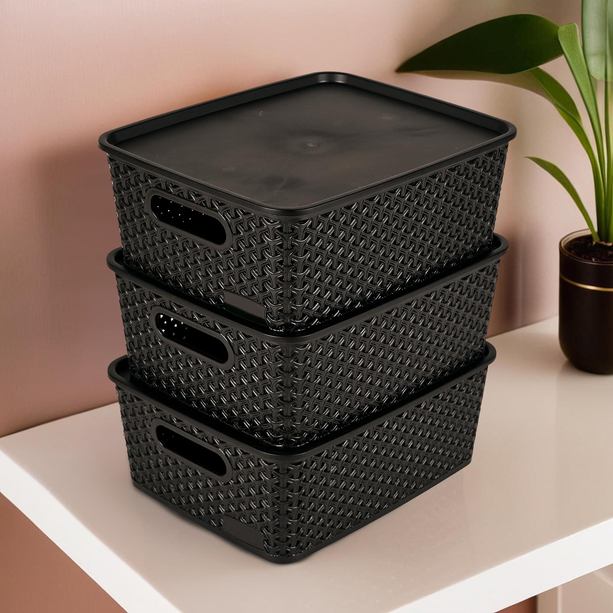 Kuber Industries 3 Pcs Stackable Plastic Rectangular Storage Box with Lid | H5 Multi-Purpose Basket for Storage - Ideal Home Organizers for Baby Dress, Stationary, Medicine & Pooja Items | Black