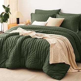 King Size Comforter Set Olive Green Seersucker 7 Pieces Bed in a Bag King Comforter Set with Sheets, Luxury Soft Bedding Sets with Down Alternative Comforter, Sheets, Pillowcases & Shams