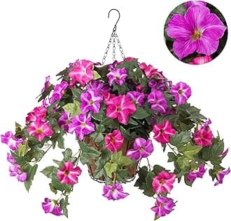 Ammyoo Artificial Hanging Fake Flowers with Basket Plants for Outdoor Decoration, Faux Silk Flower UV Resistant Morning Glory for Home Porch Patio Garden Balcony Yard Look Real (Fuchsia Lotus)