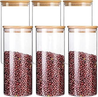 Airtight clear glass storage canister with wood lid food storage container jar with sealing bamboo lid for kitchen storage and multipurpose use (450ML JARS, 6 PCS)