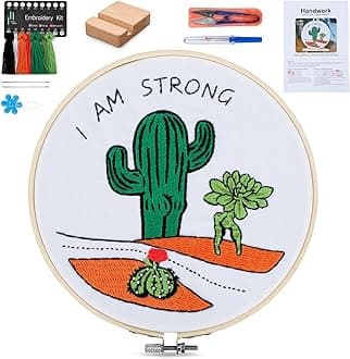 BERYAFunny Cactus Embroidery Kit with Embroidery Hoop, Easy Embroidery Kit for Beginners, Include Instructions, Display Stand, Printed Cloth, Threads and Tools - with Video Tutorials (BEC004)