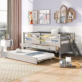 Merax Multifunctional Wood Daybed with Drawers and Trundle Sofa Storage Bed with Full-Length Gardrail/Space Saving/No Box Spring Needed Twin Gray