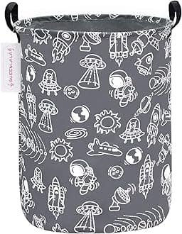 QUEENLALA Large Storage Basket,Collapsible Round Storage Bin,Laundry Hamper/Bathroom/Home Decor/Baby Hamper/Boxes/Baby Clothing（Round-Grey Space Exploration）